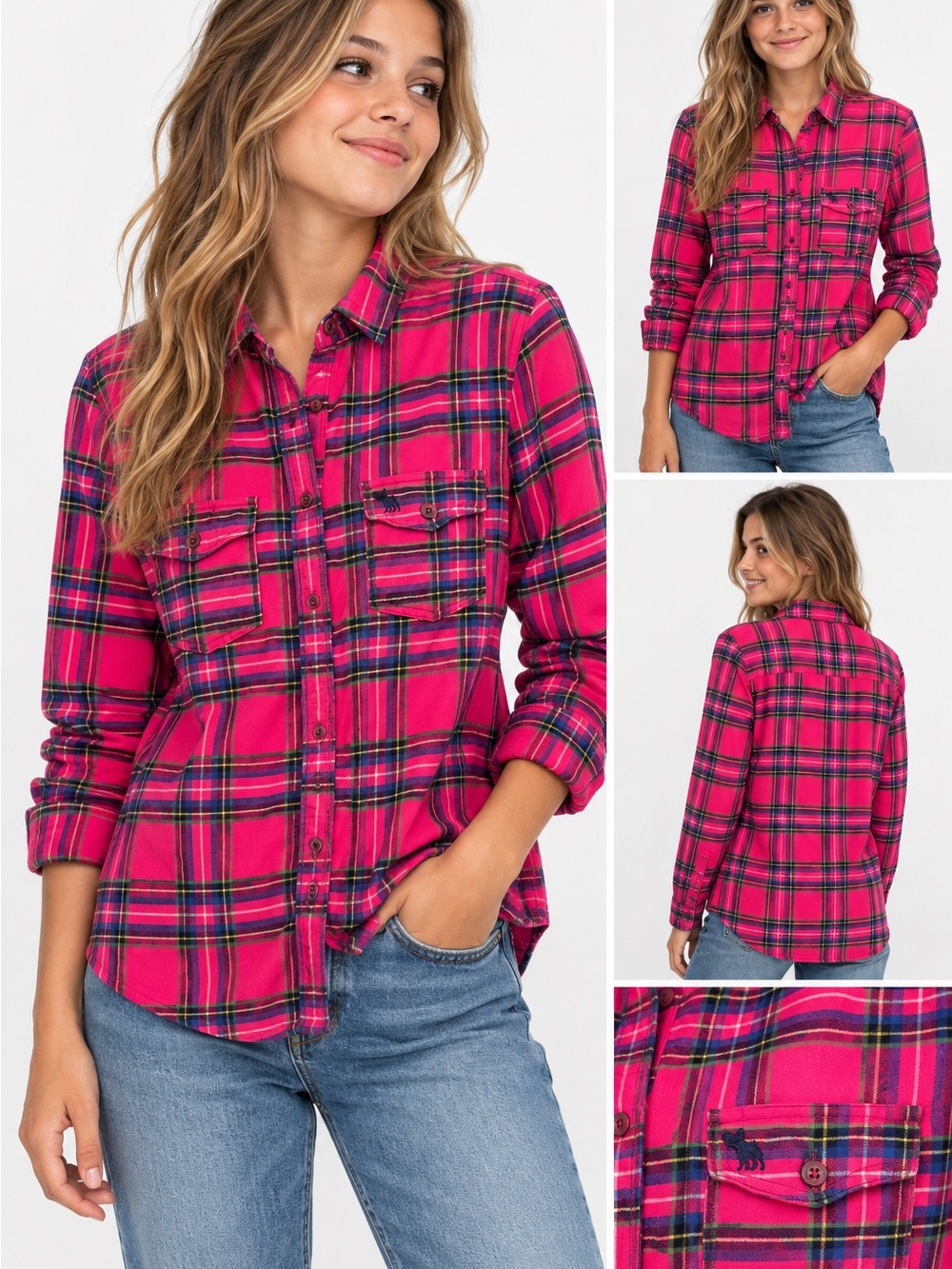 Abercrombie & Fitch Women's Hot Pink Plaid Flannel Button Down Shirt Women LRG